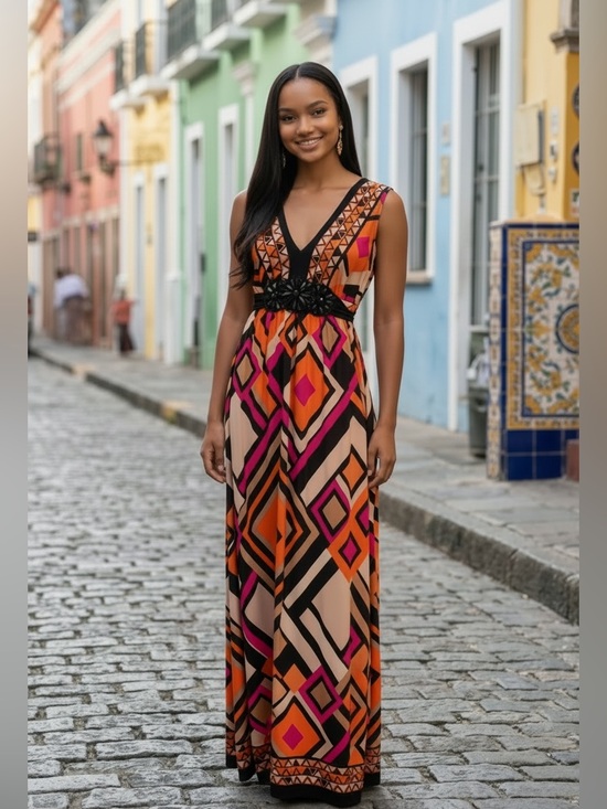 R&M Richards Dresses & Skirts - R&M Richards V-Neck Geometric Maxi Dress in Orange, Black. Pink & Cream, Size 8